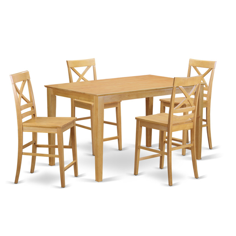 Ensemble de table de salle à manger à hauteur de comptoir 5 pièces comprenant une table de salle à manger rectangulaire et 4 chaises en bois, chêne