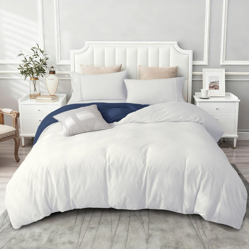 Jersey Knit Cotton Duvet Cover Set Reversible Queen Size, Queen Duvet Cover + 2 Standard Shams, Navy/White