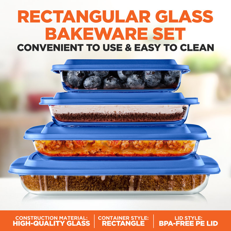 4 Sets Of High Borosilicate Rectangular Glass Bakeware Set With PE Lid, Blue