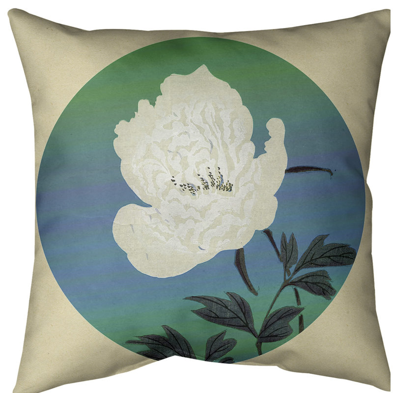 Housse de coussin de peinture pour fleur japonaise, 14 po x 14 po, Vert / bleu, Polyester sergé