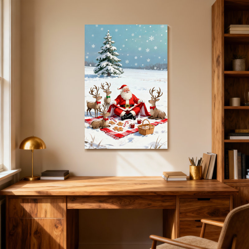 Père Noël avec des rennes dans une scène enneigée, H 30 po x l 20 po