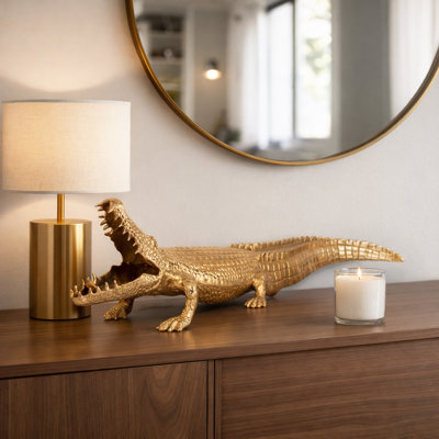 Decorative Metal Alligator Figurine for Tabletop Decor - Sculptural Object Statue Accent for Living Room or Home Decoration - 37", Gold & Metallic