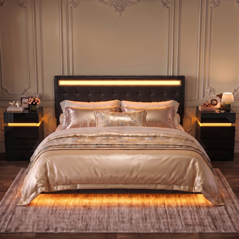 Ensemble de chambre à coucher 3 pièces, lit de rangement avec 4 tiroirs et table de chevet 6 tiroirs, Noir, Full/ Double
