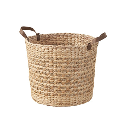Panier de rangement rond en jacinthe d'eau tissé à la main avec poignées en similicuir Isidore - organisateur de décor de ferme naturel 15,7 po