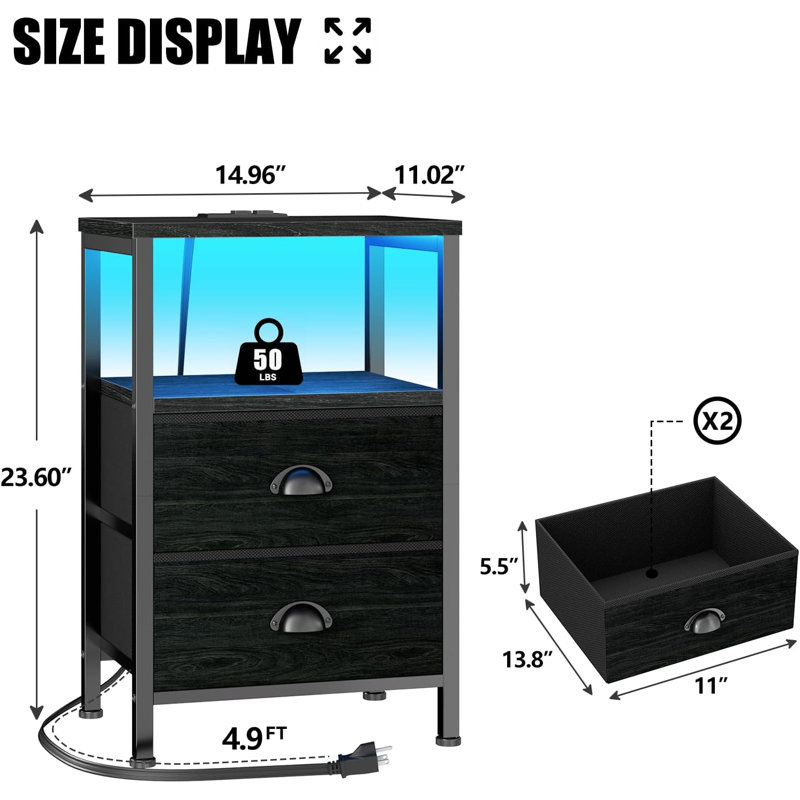 Nightstands Set of 2, End Tables with Charging Station and LED Lights