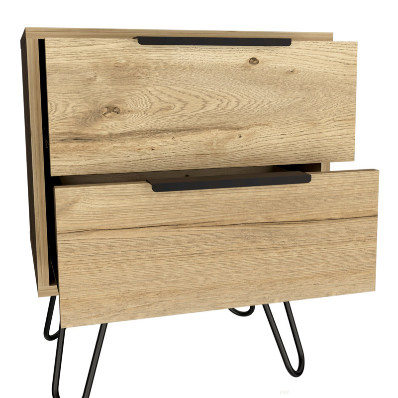 Nightstand, Hairpin Legs, Two Drawers, Brown