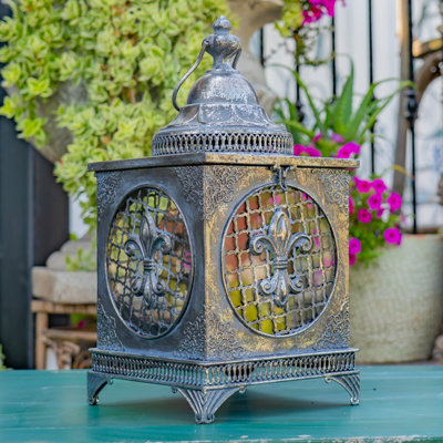 19in. Tall Fleur-De-Lis Square Iron/Glass Lantern