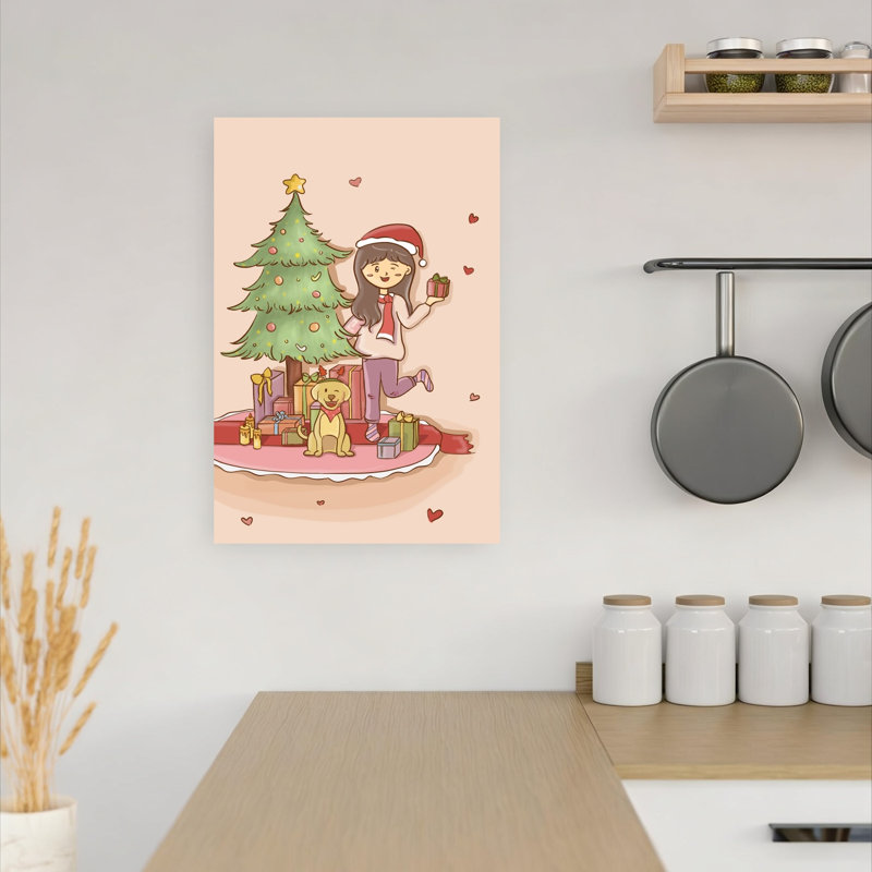 Winking Girl Christmas Puppy Abstract Contemporary Christmas Tree Dog Winter Architecture Wall Art Print 1 Piece Wrapped Canvas Wall Art