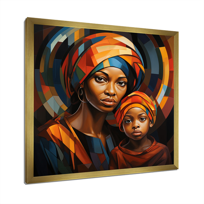 Orange orange, mère et enfant, lien III - art mural africain, Cadre doré simple, H 30 po x l 30 po x P 1,5 po