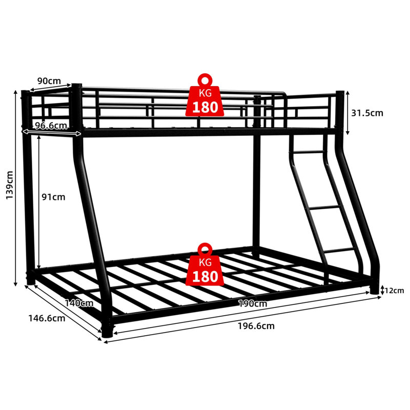Metal Bunk Bed With Ladder & Safety Guardrails, 90x190cm Mattress, High Load Capacity For Adults, Space-saving For Shared Room