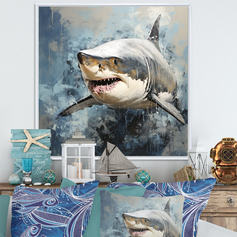Ombre de requin gris II - art mural animaux côtiers, Cadre flottant blanc, H 30 po x l 30 po x P 1,5 po