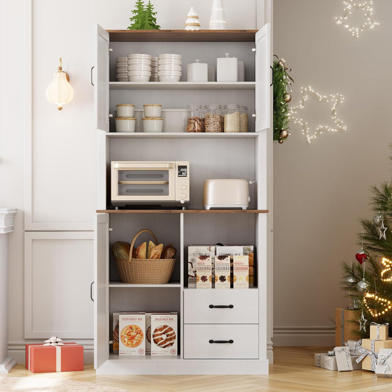 Armoire de cuisine moderne avec support pour micro-ondes, grande armoire à bar avec tiroirs et tablettes réglables, Blanc