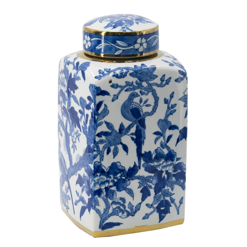 Pot en porcelaine bleue et blanche 6,5 x 6,5 x 12,5 po