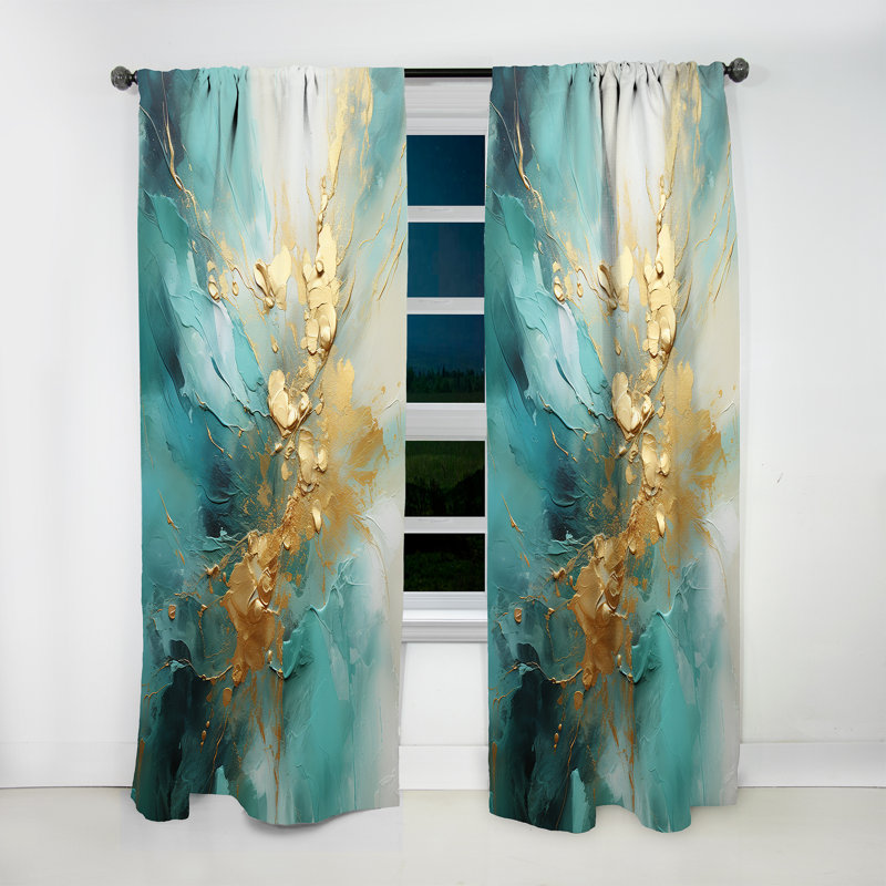 Gold And Teal Aurora Harmony Ii - Modern Velvet Curtain - Room Darkening - 1 Panel, 52" W x 108" L