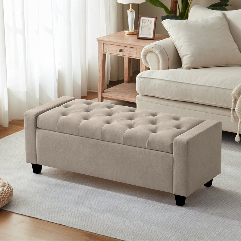 Polyester Upholstered Storage Bench, Khaki