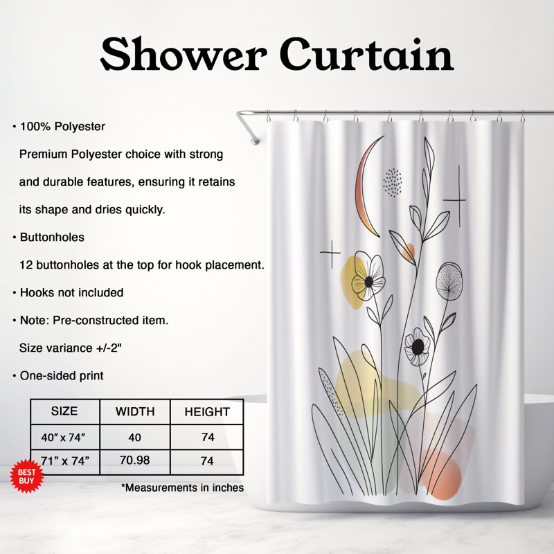 Rideau de douche standard 1 pièce, H 74 po x l 40 po