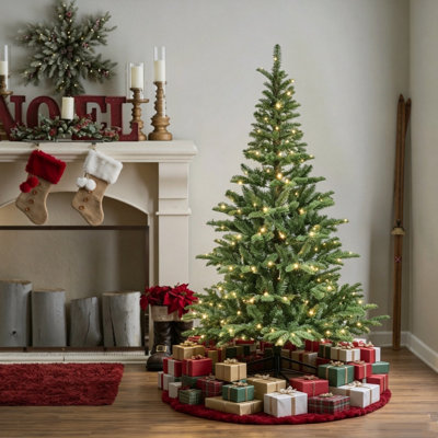 8 ft Pre‑Lit Artificial Christmas Tree, 500 Warm White LED Lights, 1307 PE & PVC Branch Tips, Realistic Layered Foliage, Unique Wooden Base, Full Shap
