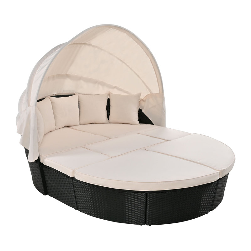 Lit de jour en rotin avec meubles rétractables Staciee, Coussin beige, structure noire