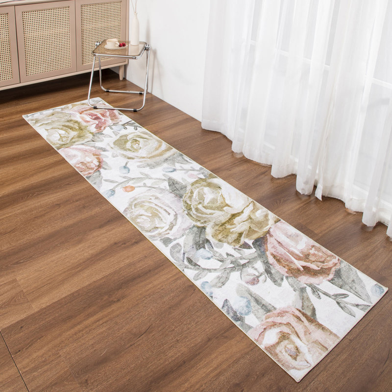 Jasmine Modern Flower Design Machine Washable Area Rug Pink/Yellow/Ivory Multi, Runner 2'6" x 9'