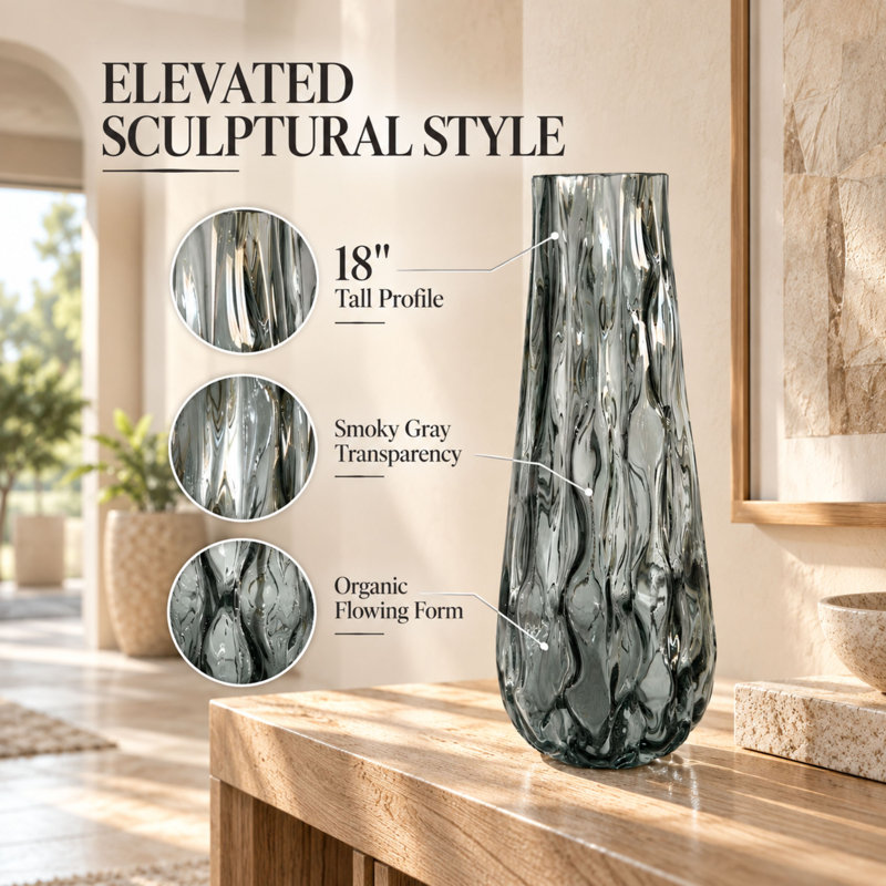 Grand vase de table contemporain gris de 18 pouces pour décorer un salon ou un vestibule moderne