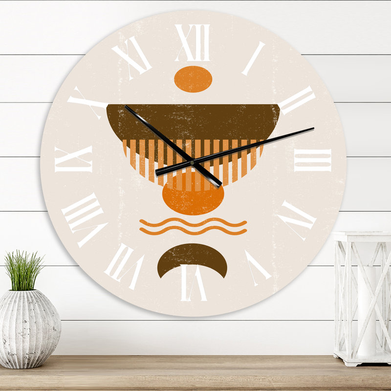 Abstrait abstrait soleil orange minimal et lune brune - horloge murale moderne, Moyenne