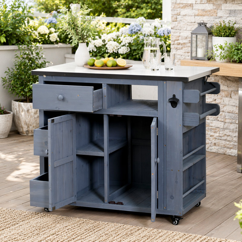 Îlot de cuisine extensible en bois de sapin massif avec plateau en acier inoxydable, L 41,9 po, Gris