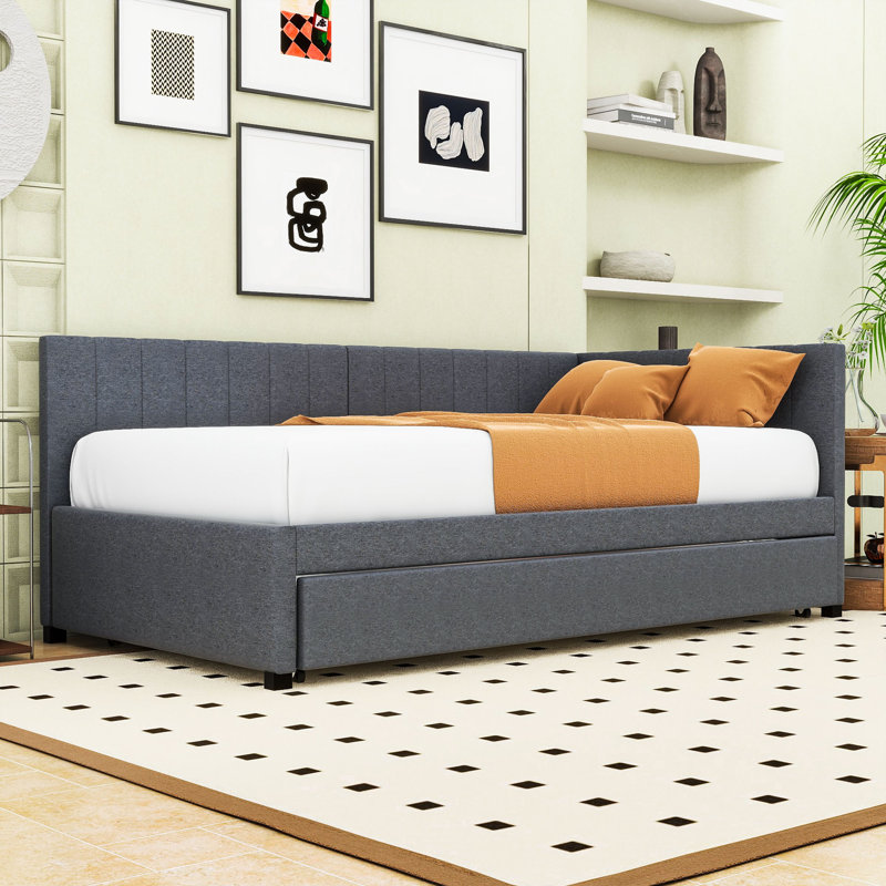 Linen Upholstered Daybed with Trundle, Grey, Twin