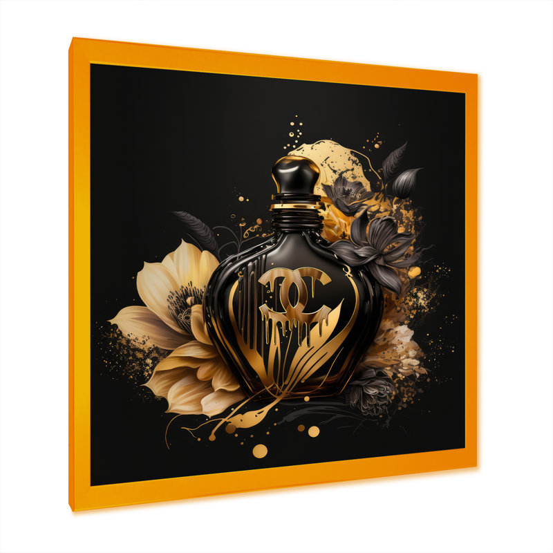 «Chic Black and Gold Perfume Bottle VII», reproduction d'art sur toile encadrée, H 16 po x l 16 po x P 1 po