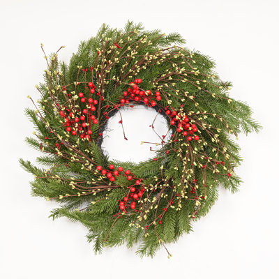 24" Artificial Farmhouse Twig Christmas Greenery Pine Needles Red Berries Winter Front Door Wreath