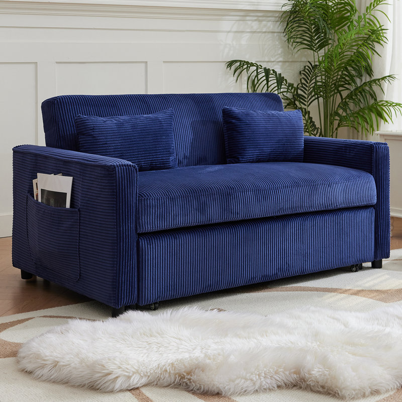 Divan-lit convertible Radislava, futon moderne 3-en-1 de 55,51 po, Velours côtelé bleu
