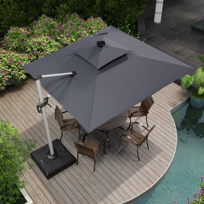 Lime 9' x 9' Square Lighted Cantilever Umbrella With Base,Gray