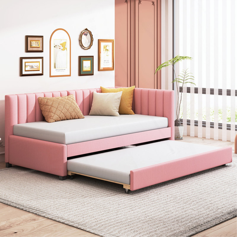 Upholstered Daybed With Trundle Twin Size Sofa Bed Frame No Box Spring Needed, Linen Fabric, Twin, Pink