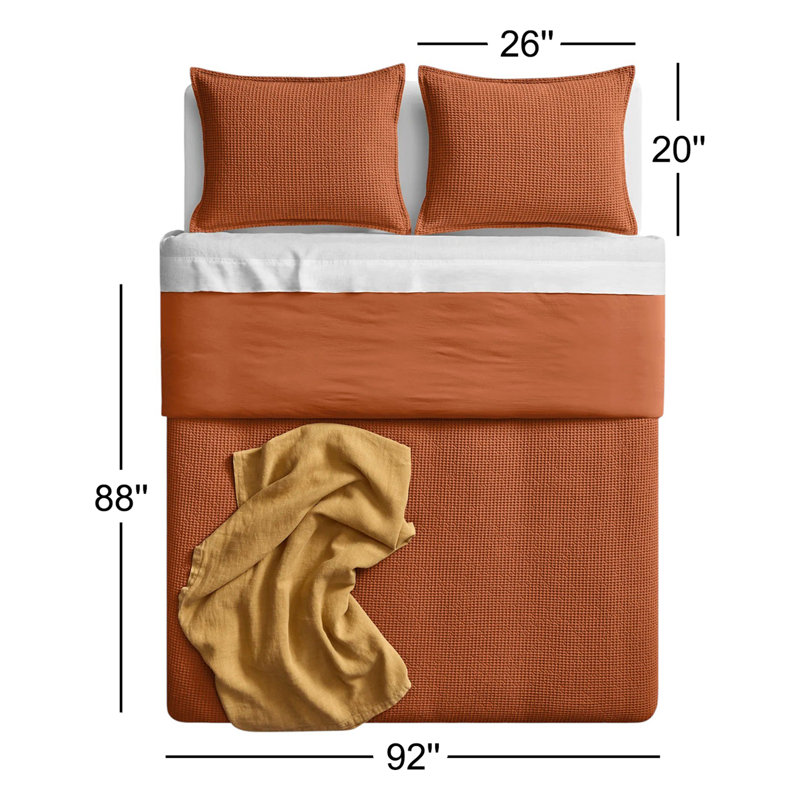 Cascade Modern & Contemporary Cotton Waffle Duvet Cover, Queen Duvet Cover + 2 Queen Shams, Tomato
