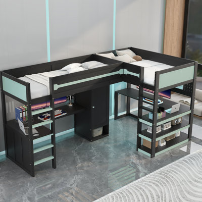 Lit mezzanine simple avec bureau intégré, lumières DEL, ports de chargement, panneau perforé, armoire et tablettes