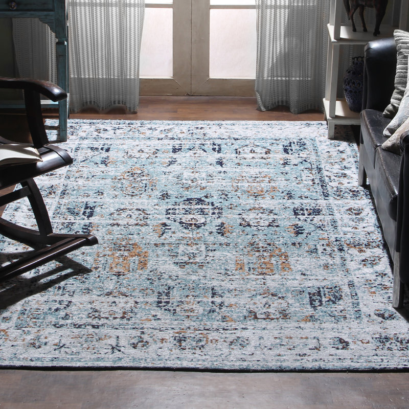 Tapis bleu bouclé fait à la main, Rectangle de 5 pi x 8 pi