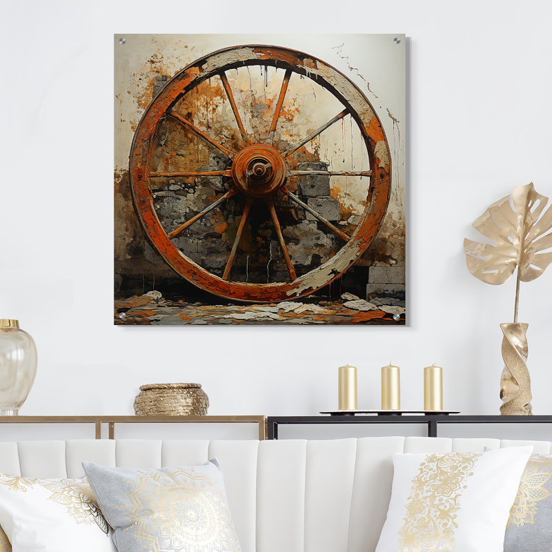 «Orange Old Cart Wheels III» - art mural acrylique, H 16 po x l 16 po