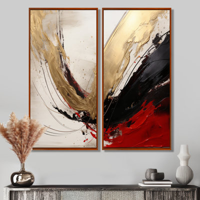 Midnight Passion Abstract Wave Scarlet & Gold - Abstract Painting Canvas Print Wall Art, Gold Abstract Wall Decor 2 Piece