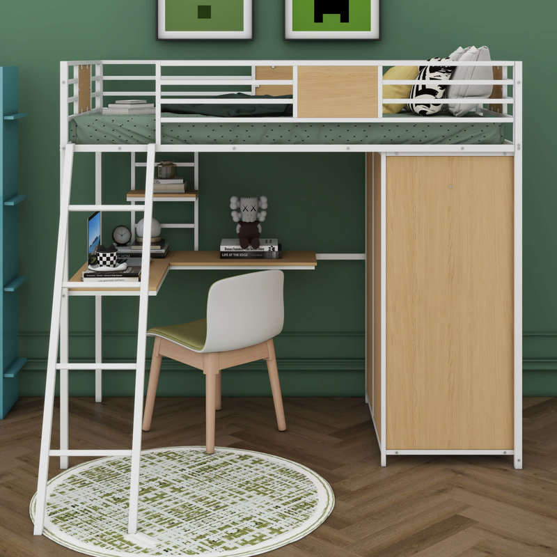Un lit mezzanine simple avec un bureau en forme de L et une armoire intégrée, Blanc
