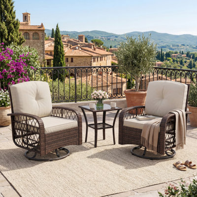 3 Pieces Patio Furniture Set, Outdoor Swivel Glider Rocker Set w/Washable Cushion and Tempered Glass Tableto, for Deck Porch Balcony Backyard Garden