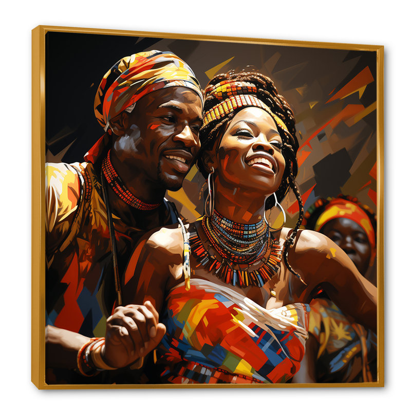 Art mural jaune jaune, rythmique africain - Danse, Cadre flottant doré, H 16 po x l 16 po