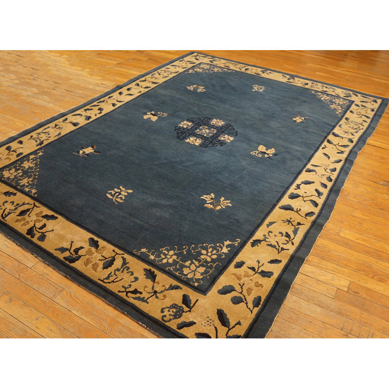 Wool Hand Knotted Pile Rectangle Antique Blue Ivory Beige Cream White 1920s Rug