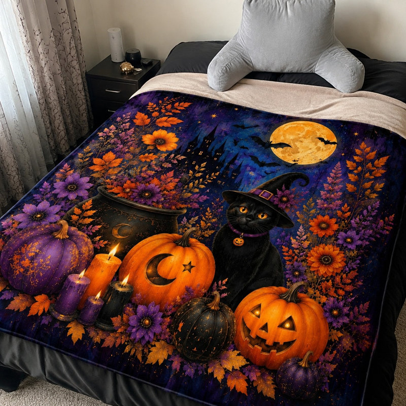 Jeté de citrouille d'Halloween, couverture de sorcière douillette pour canapé-lit, salon, décoration intérieure