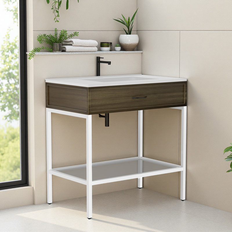 Freestanding Bathroom Vanity With Integrated Engineered Stone Marble Top – Stylish Single Sink Design With Modern Elegance And Functional Storage