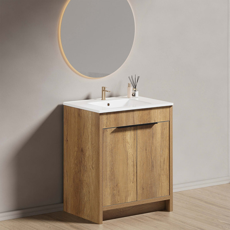 Meuble-lavabo sur pied de 30 po avec panneau rainuré 3D et lavabo en céramique intégré