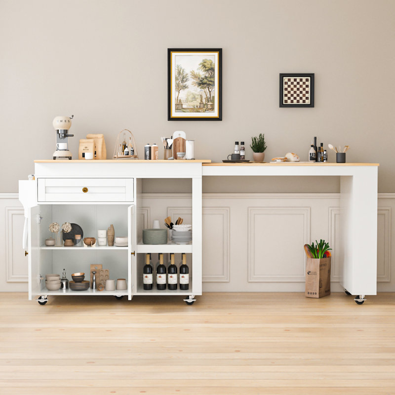 81.5'' Kitchen Island With Extendable Dining Table For 4-6 Person,kitchen Island With Storage 2 Drawers 2 Side Open Shelves,two-tone Table With Double-sized Storage