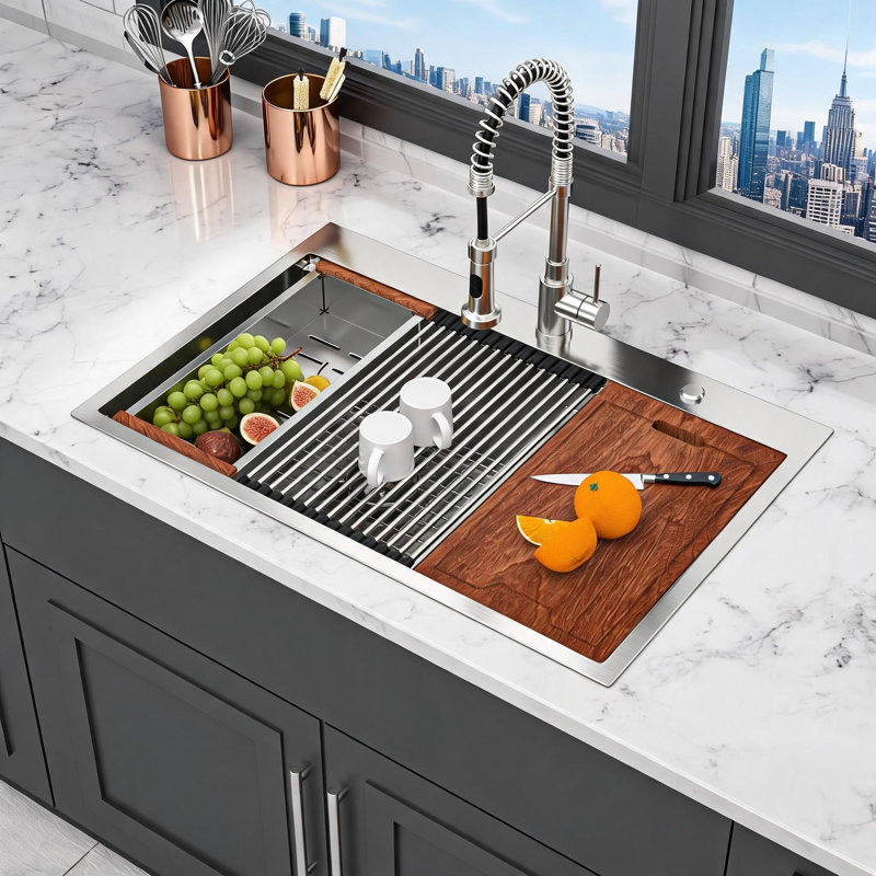 Évier de cuisine à double cuve encastré en acier inoxydable nickelé brossé de 91 cm (36 po) avec deux cuves de 25 cm (10 po) de profondeur et accessoires pour poste de travail