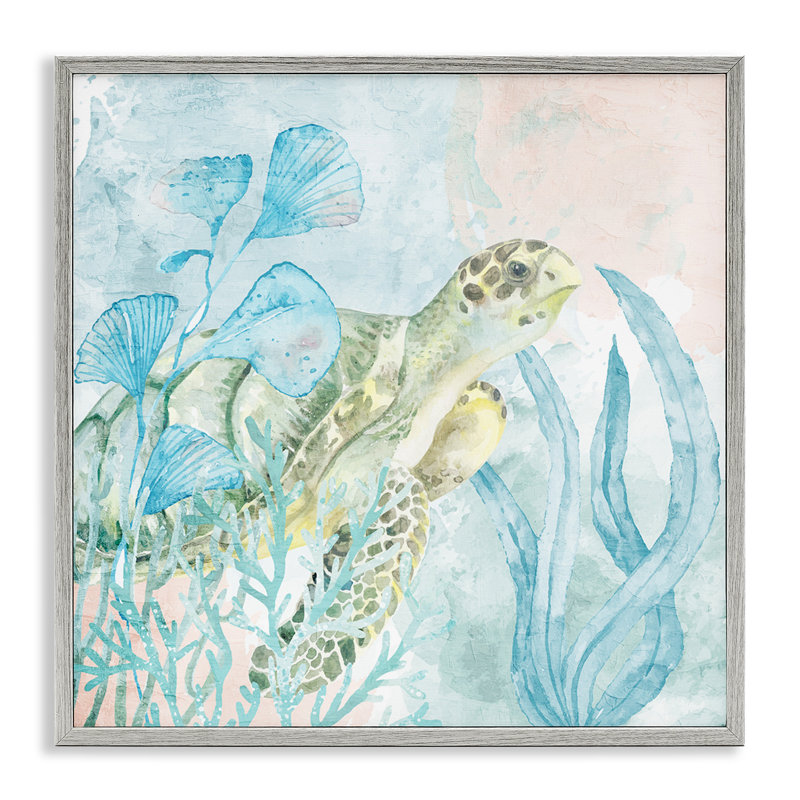 «Sea Swim Turtle», estampe numérique, conception de Kim Allen, H 24 po x l 24 po, Giclée de ferme grise encadrée