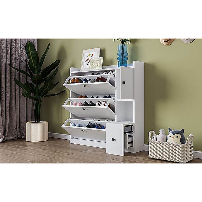 Range-chaussures avec siège escamotable et 3 tiroirs rabattables, tiroirs d'armoire blancs pour l'organisation du couloir
