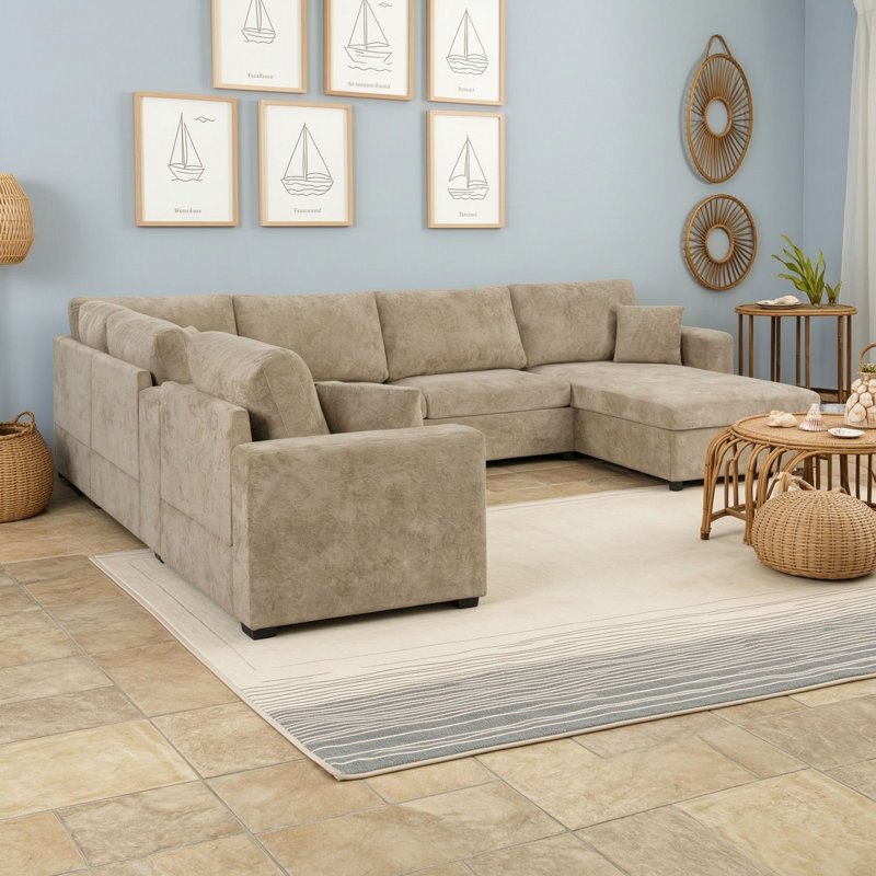 Canapé d'angle modulaire cinq places avec tiroir de rangement, Brun