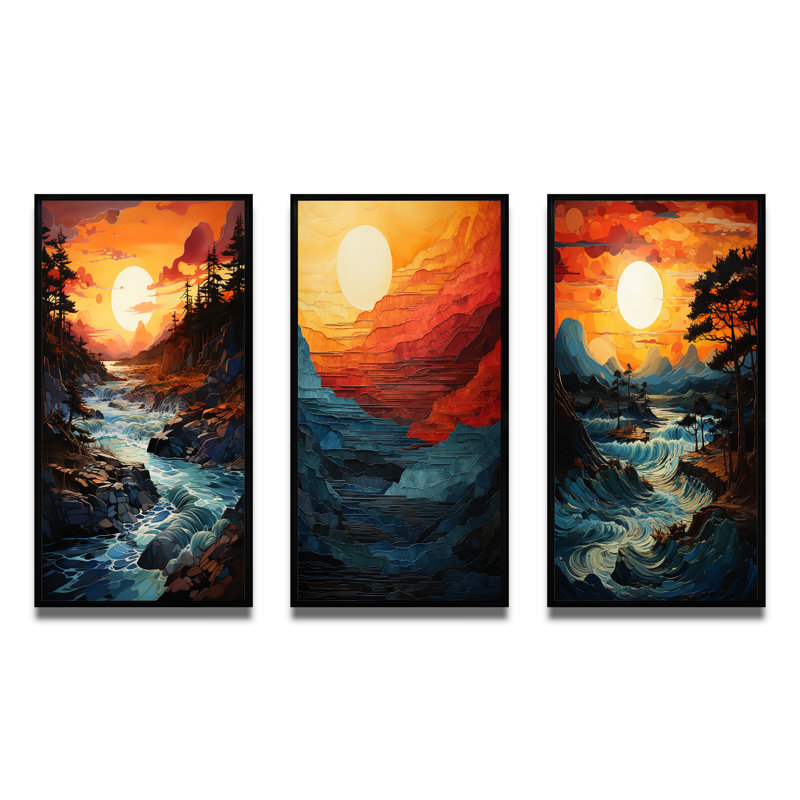 «Sunset Ocean Horizons», 3 pièces sur toile, Cadre noir, H 20 po x l 12 po